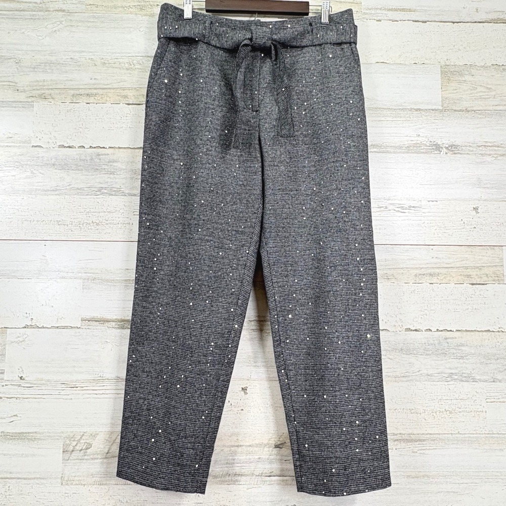 LOFT Sparkle Tweed Belted‎ Wide Leg Pants Womens Size 12 Black Grey Sequins NEW